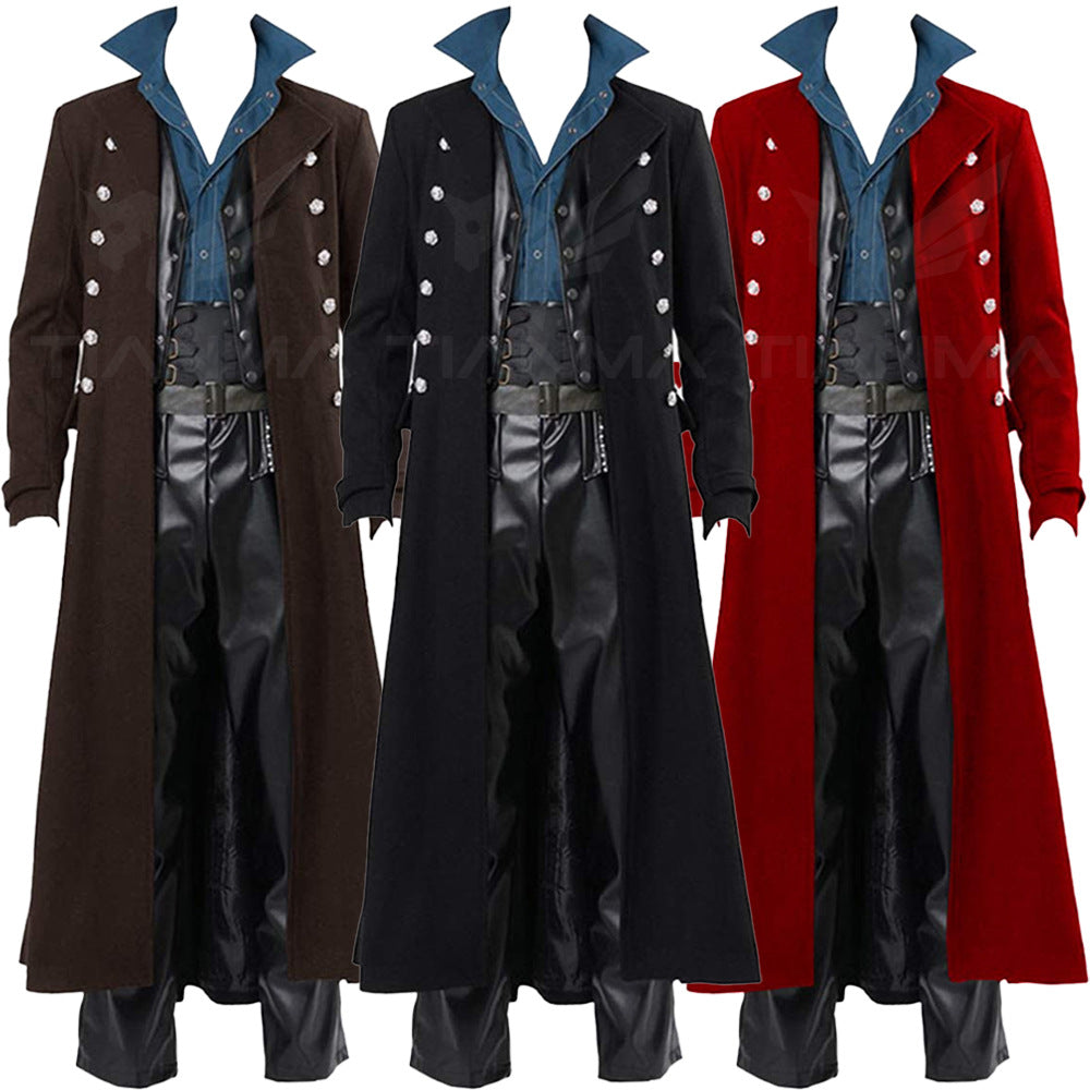 Three Maramalive™ Steampunk Retro Gothic Coat Windbreaker Coats in different colors.