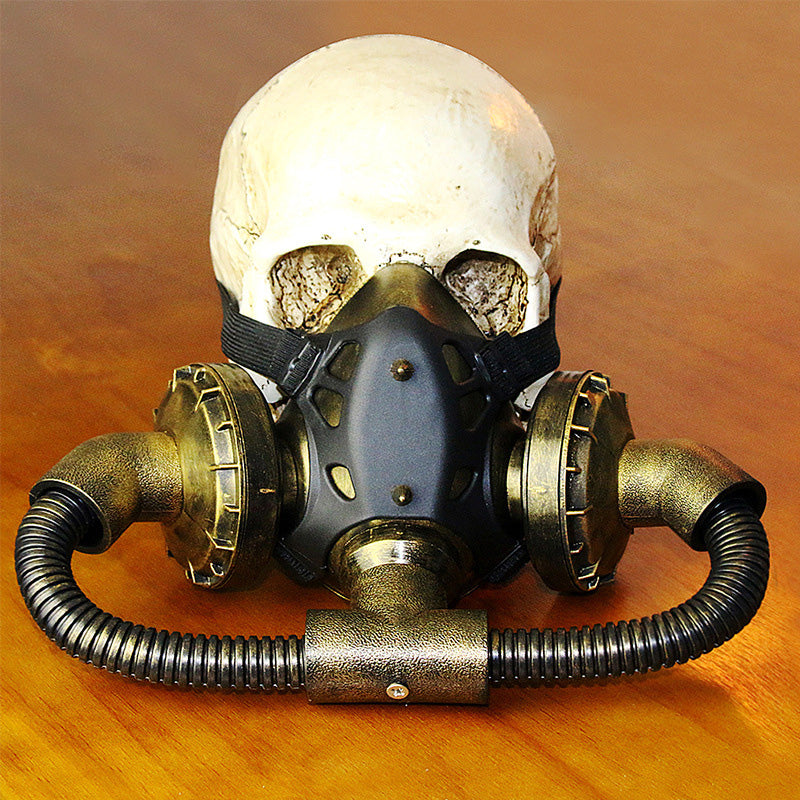 A Maramalive™ Steampunk Halloween Masquerade Mask with a gas mask on a wooden table.