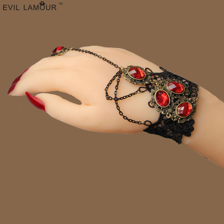A Gothic Black Lace Bracelet - Steampunk, Wrist cuff and ring with a dramatic flair - Maramalive™.