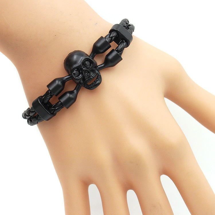 A mannequin wearing a Maramalive™ Neutral Men's Skull Black Buttons Leather Bracelet.