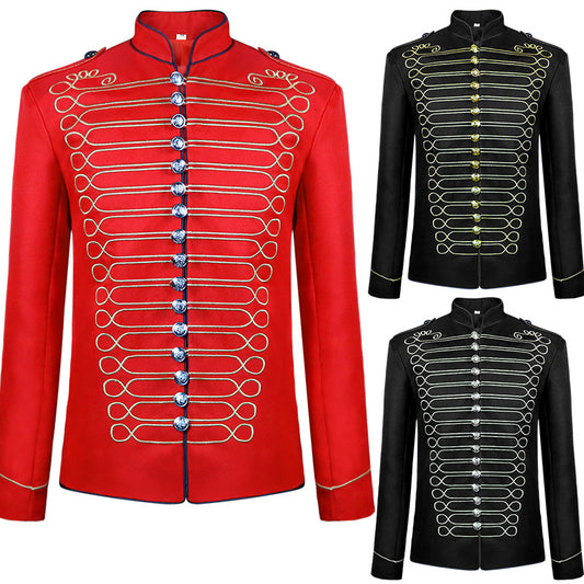 A Maramalive™ Gothic underworld attire in red, black and gold, fit for The Duke of the Drum: Medieval Men's Retro Gothic Steam Drummer Suit.