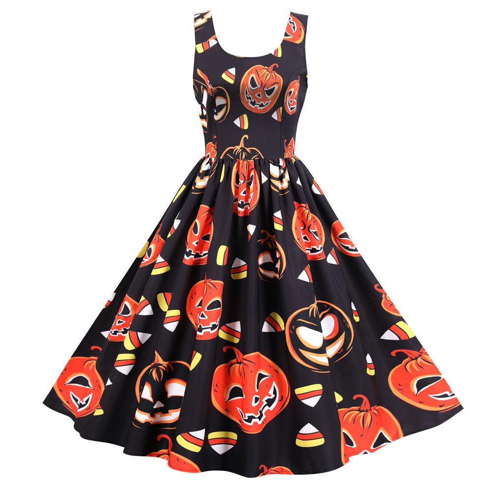 A Maramalive™ Halloween Rock And Roll Sleeveless Floral Dress with witches and pumpkins on it.