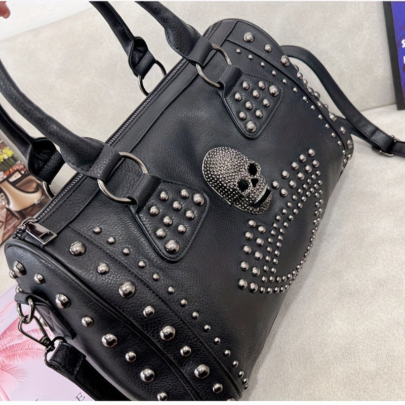 Gothic Style Skull Tote Bag, Steampunk Studded Decor Boston Bag, Trendy Top Handle Crossbody Bag