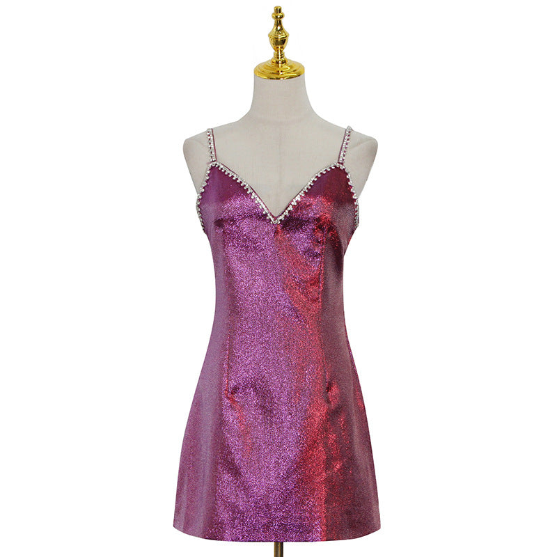 Summer Style Diamond-studded Bright Color Sling Short Bag Dress