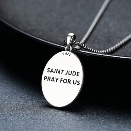 St Jude Necklace Sterling Silver Oval Medal San Judas Tadeo Pendant Necklace Medallion Protection Necklace Catholic Jewelry Gift for Men