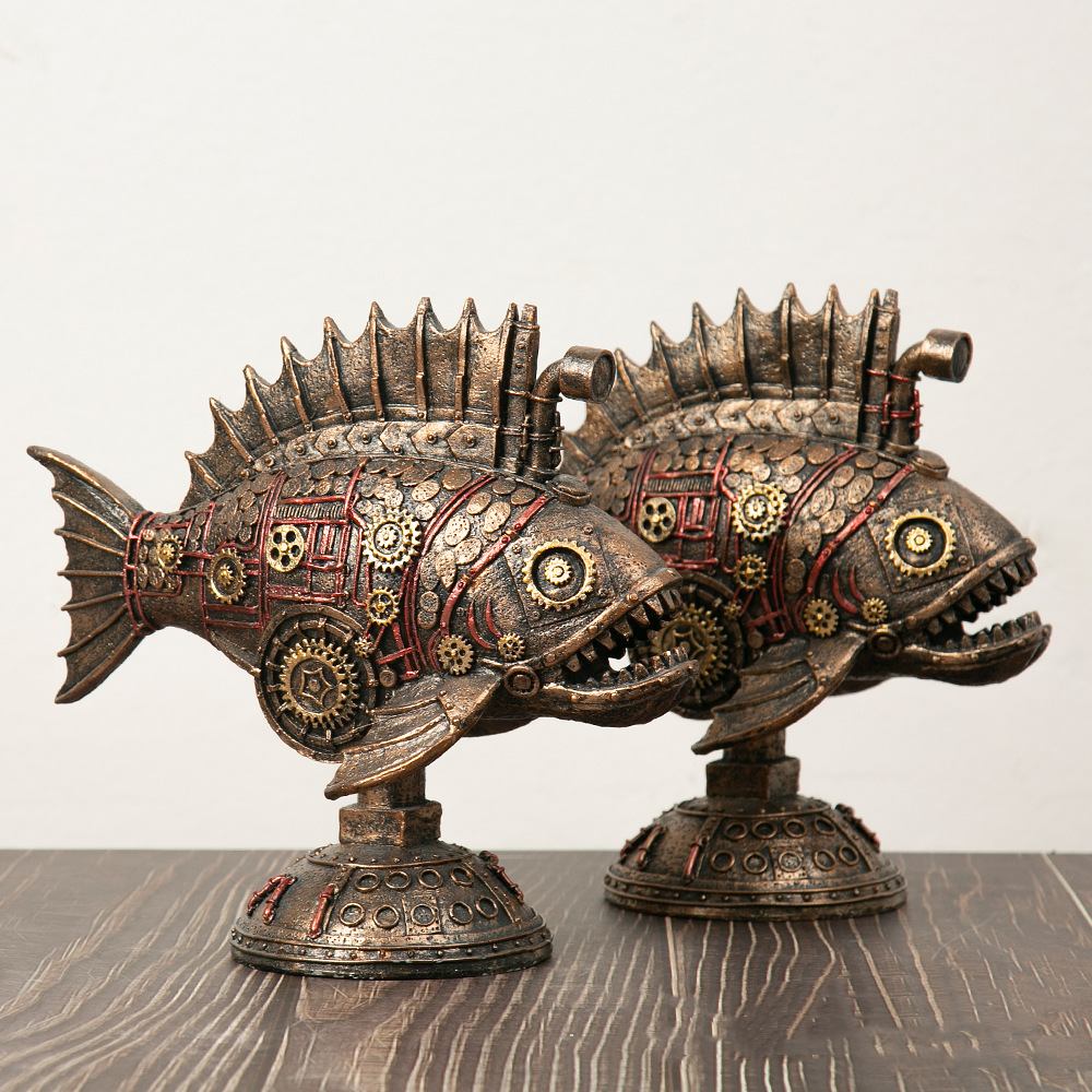 Two Retro Steampunk Style Black Whale Antique Copper Home Decor statues by Maramalive™ on a wooden table.