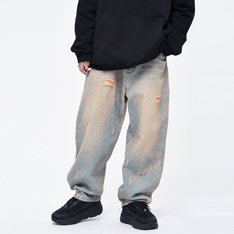 A man wearing a black hoodie and Maramalive™'s Baggy Hip-Hop Jeans! Loose Retro Daddy Pants Bring the 90s Back.