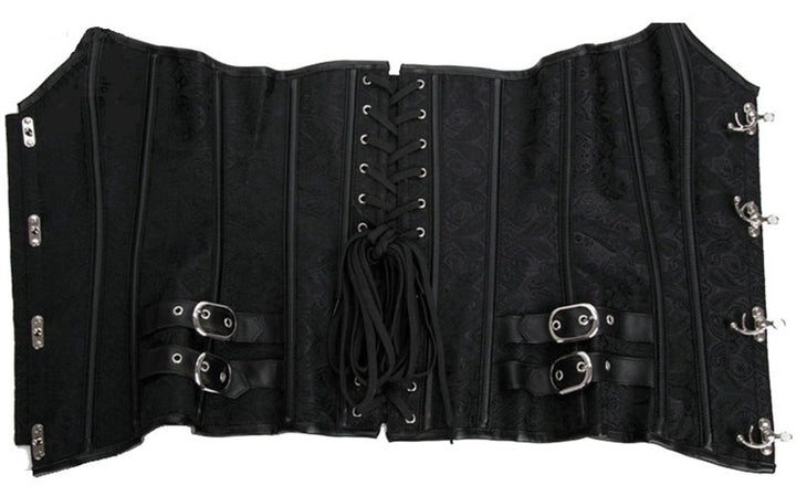 A Maramalive™ Jacquard Gothic Vintage Corset Court with silver buckles providing waist support.