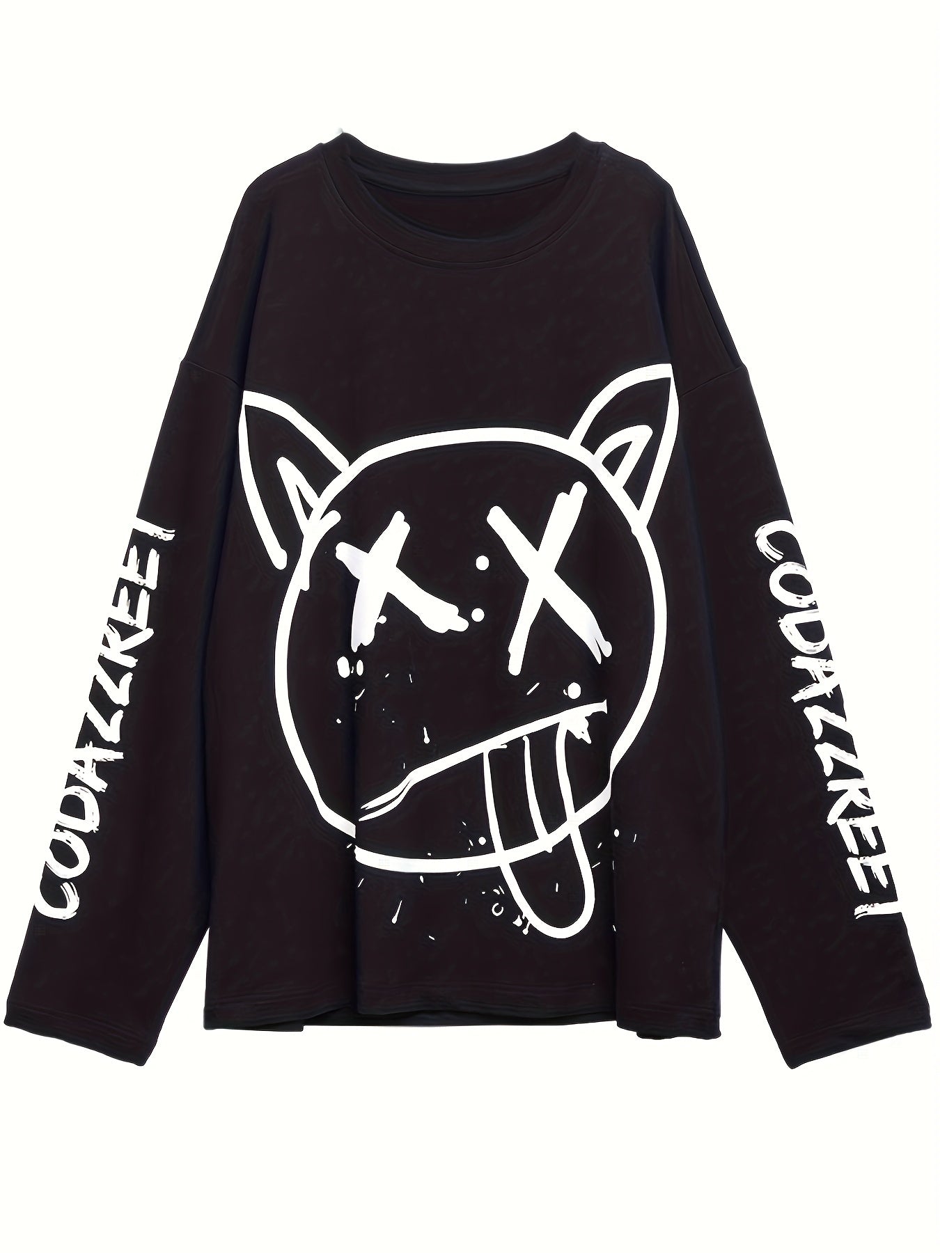 A black Graffiti Print Crew Neck T-Shirt, Casual Loose Long Sleeve Top For Spring & Fall, Women's Clothing by Maramalive™ featuring a white graffiti print of a cat face with X eyes and tongue out. The word "CODAZKREEI" is printed on both sleeves, giving it a distinctive Y2K style.