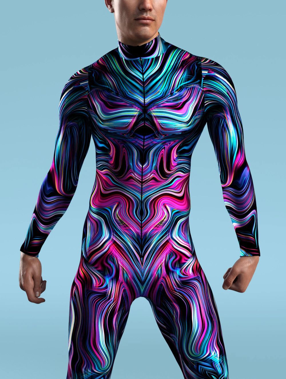 Person wearing the Maramalive™ Halloween Tights 3D Digital Printing Cos One-piece Play Costume featuring a vibrant and abstract swirling pattern in shades of blue, pink, and purple. The background is a solid light blue color.