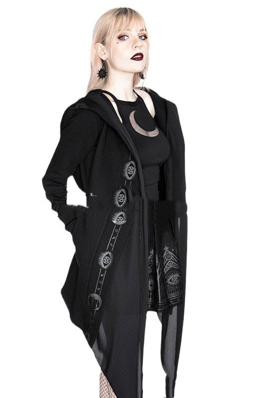 Person with light hair wearing black clothing and accessories, including a Maramalive™ Irregular Black Punk Hooded Jacket Long Patchwork Printed Sweater with designs on the side and a crescent moon necklace. This street hipster also sports dark lipstick, completing the effortlessly cool look.