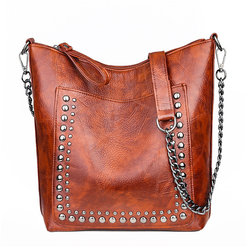 Soft Leather Studded Large Capacity Shoulder Crossbody Bag