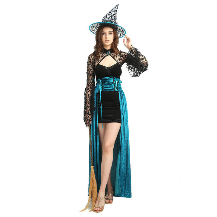A woman in a blue and black Halloween Cosplay Witch Stage Costume from Maramalive™ with a broom.