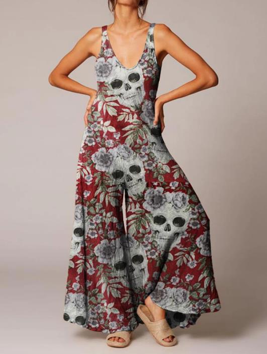 A woman wearing a Women's Halloween Skull Fashion Print Jumpsuit by Maramalive™.