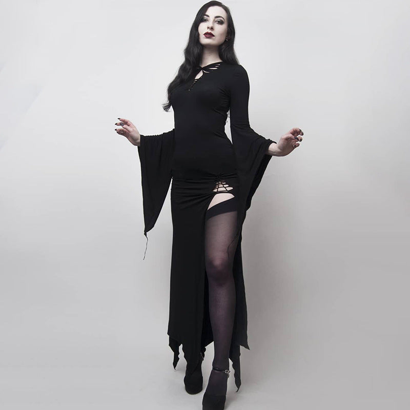 A woman in a black gothic dress, the Women's Slim Fit Bag Hip Halloween Dark Skirt from Maramalive™, posing for a photo.