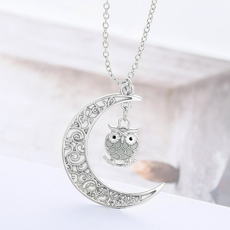 Maramalive™ Halloween Multi-colored Moonlit Owl Necklace with an owl on the crescent.