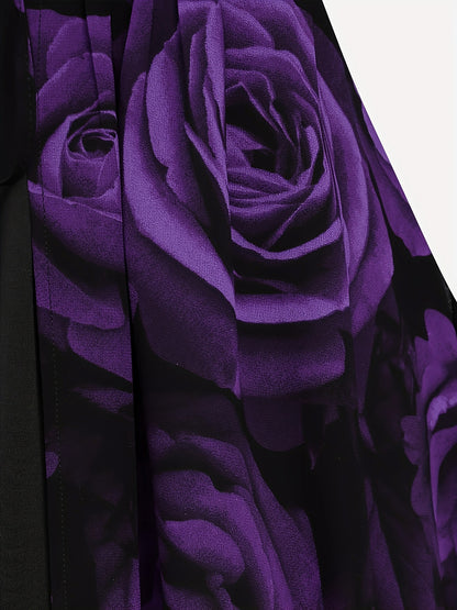 Close-up of an elegant dress featuring a V-neck and a beautiful floral pattern with purple roses on black fabric: Plus Size Rose Print T-Shirt, Valentine's Day V Neck Long Sleeve T-Shirt, Women's Plus Size Clothing by Maramalive™.