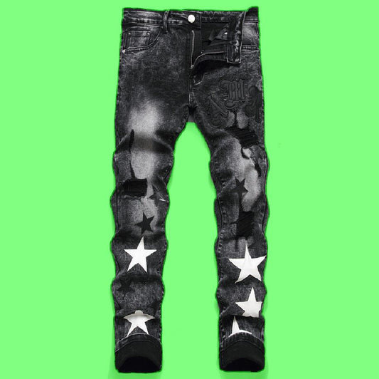 Punk Men's Jeans Hole Embroidery Five-pointed Star