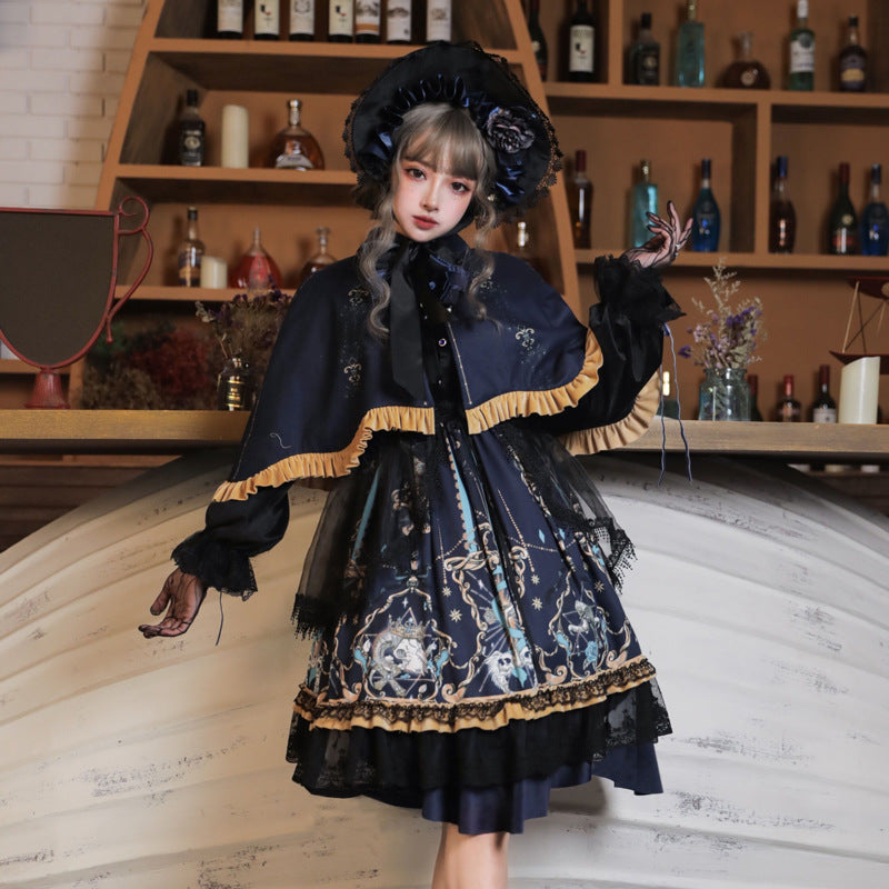 A girl in a Midnight Rhapsody Skirt - Retro Gothic Dark Lolita Skirt by Maramalive™ posing in front of a bar.