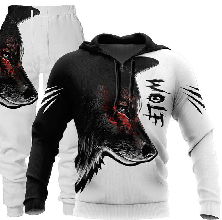 A matching Maramalive™ Hooded Tracksuit with Three-dimensional Art featuring a large, detailed wolf face printed in black and white, with red accents. The word "WOLF" is boldly displayed on the torso of the hoodie, giving it an edgy aesthetic.