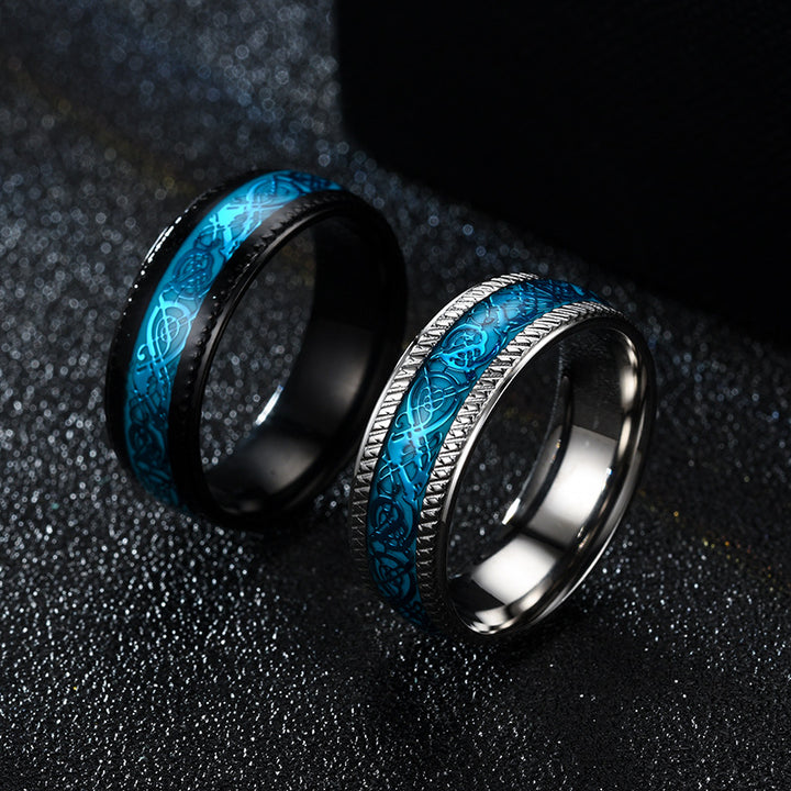 Two Stainless Steel Dragon Rings - 8mm Men's with blue and black designs by Maramalive™.