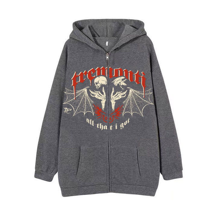 A Maramalive™ Men's Skull Zippered Hoodie: The Ultimate Hooded Top in a gray dark style features a design with two skeletal figures and bat wings, accompanied by the text "PREMONITION" and "all that I got" on the front.