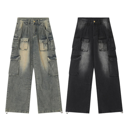 Men's Washed Worn Jeans Mid Waist