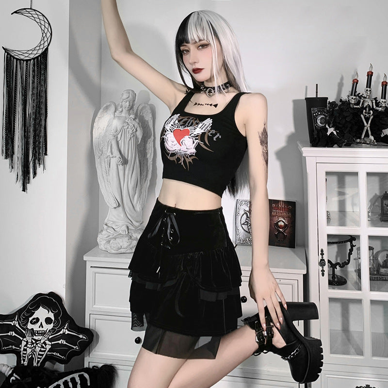 Gothic Lace-up Mesh mini Skirt | Retro Punk Velvet Skirt