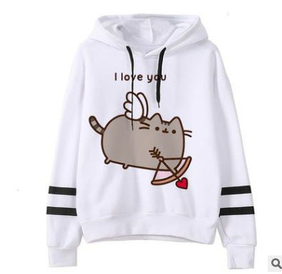 The Maramalive™ Cozy Loose Fit Hoodies for Snug, Comfortable Warmth, crafted from soft fleece fabric, feature a cartoon cat with wings holding a bow and arrow with a heart, with the text "I love you" above it. This relaxed fit hoodie also has two black stripes on each sleeve. Cozy and comfortable for everyday wear.