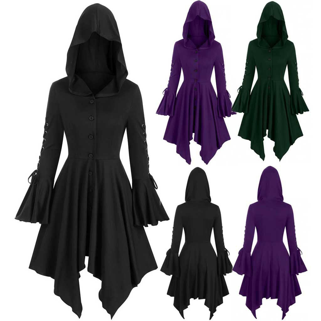 Maramalive™'s Vintage Female Gothic Hooded Dress Cloak Punk Witch Coat Lace Up Irregular Hem Lotus Sleeve.