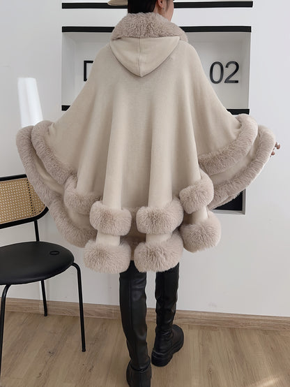 Solid Faux Fur Trim Cape, Elegant Thermal Tiered Cape For Fall & Winter, Women's Clothing