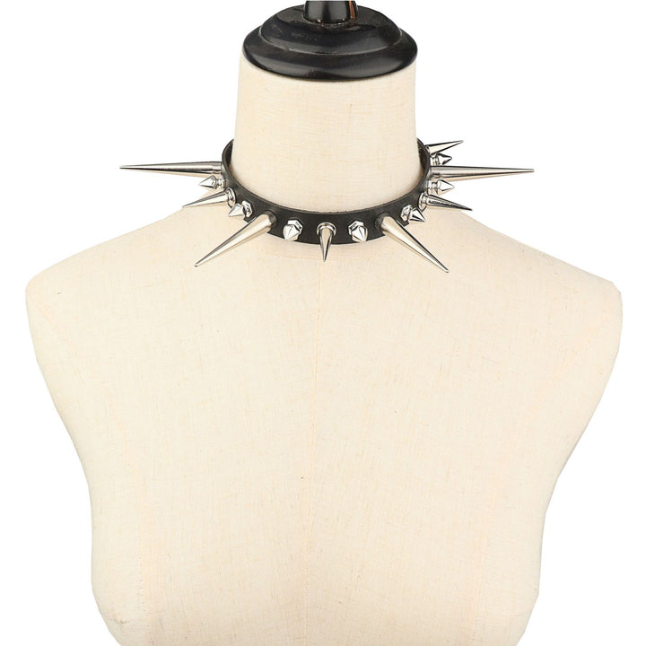 A Maramalive™ punk mannequin wearing a Punk Gothic Long And Short Rivet Spike Leather Collar Leather Necklace.