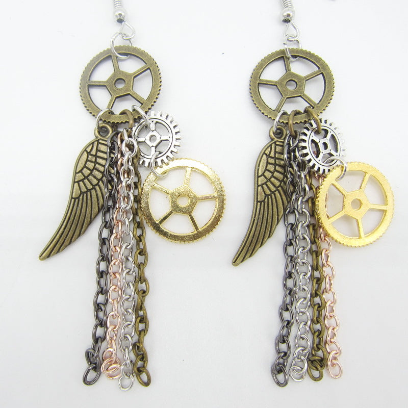 A pair of Maramalive™ European and American Retro Gear Earrings Steampunk DIY Handmade with gears and wings.