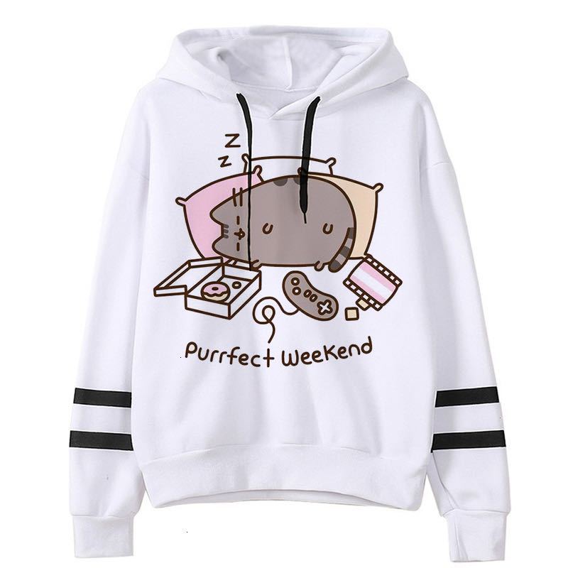 Relaxed fit white hoodie featuring an illustration of a sleeping cat, video game controller, pizza box, and snacks with the text "Purrfect Weekend." Made from soft fleece fabric for a cozy and comfortable experience. Black stripes adorn the sleeves. **Cozy Loose Fit Hoodies for Snug, Comfortable Warmth by Maramalive™**