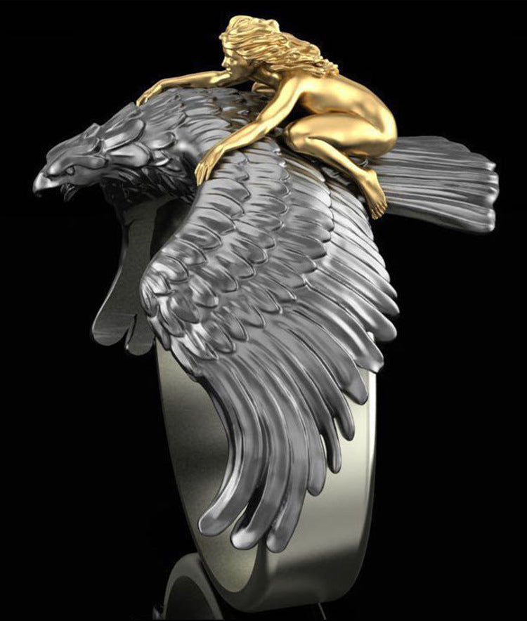 A Golden Eagle Ring with an eagle and a woman on it by Maramalive™.