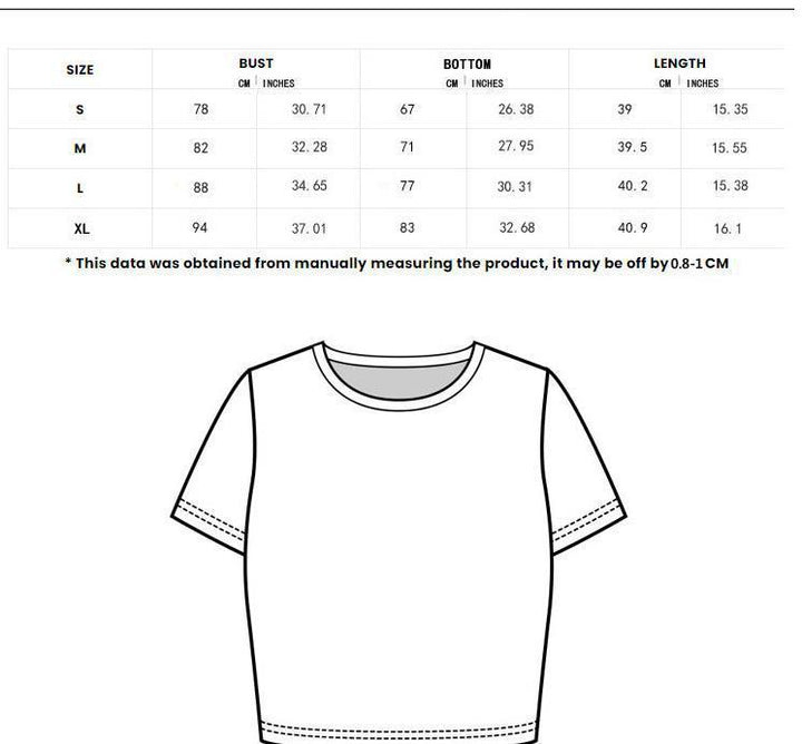 A size chart for a Maramalive™ Gothic Style Printed Top Short Sleeve in sizes S to XL, showing measurements for bust, bottom, and length in centimeters and inches, with a disclaimer about manual measurement variation often seen in Asian Sizes. Below is a line drawing of the top.