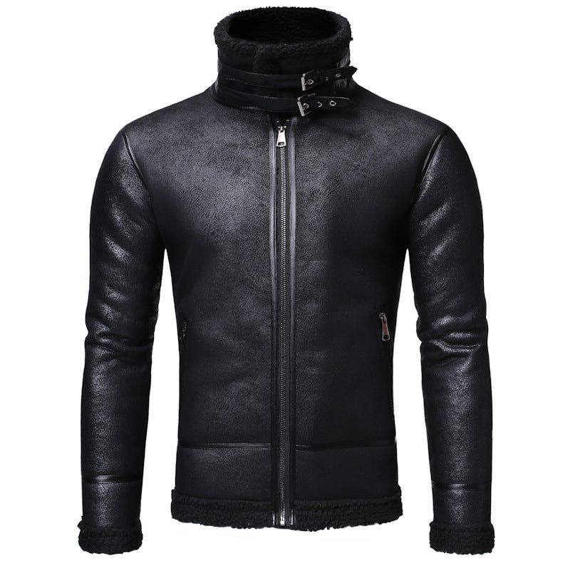 A Maramalive™ men's brown Biker jacket men's leather coat with a shearling collar.
