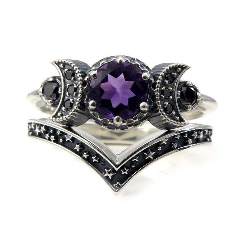 Triple Moon Goddess Gothic Amethyst Crystal Maramalive™ Ring.
