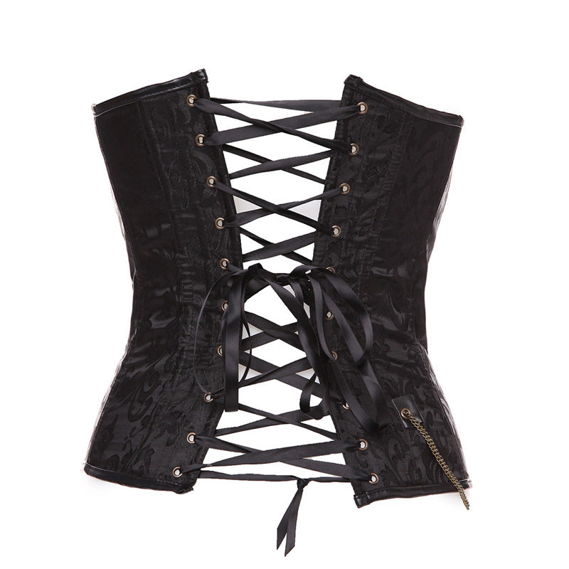 A Maramalive™ Steampunk Retro Corset, over Bust clothing. Worn to be seen, with brown leather straps and buckles.