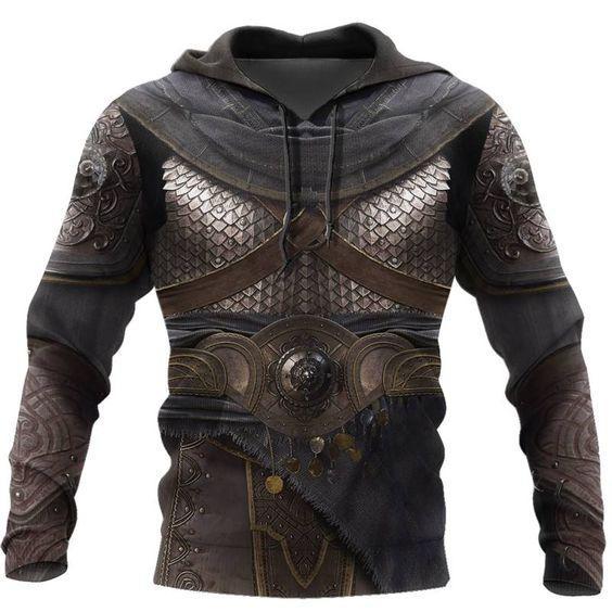 A Maramalive™ Men's Hoodie 3D Digital Printing Hoodie designed to resemble medieval armor, featuring detailed patterns of chainmail and leather straps, with a faux belt and intricate embellishments. Made from durable polyester fabric with advanced printing and dyeing techniques for a realistic look.