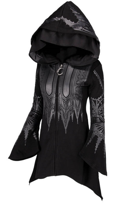 A black hooded sweater with intricate silver patterns on the front and flared sleeves. The Halloween Cosplay Hoodie Women's Punk Black Long Hooded Printed Sweater by Maramalive™, made of durable polyester fabric, features a full-length zipper and stylish cuffs.