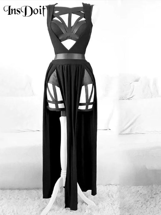 Gothic Club Sexy Summer Skirt Set Women Sleeveless Black Corset Crop Top Bandage Underpants Mesh Split Skirt 3pcs Sets