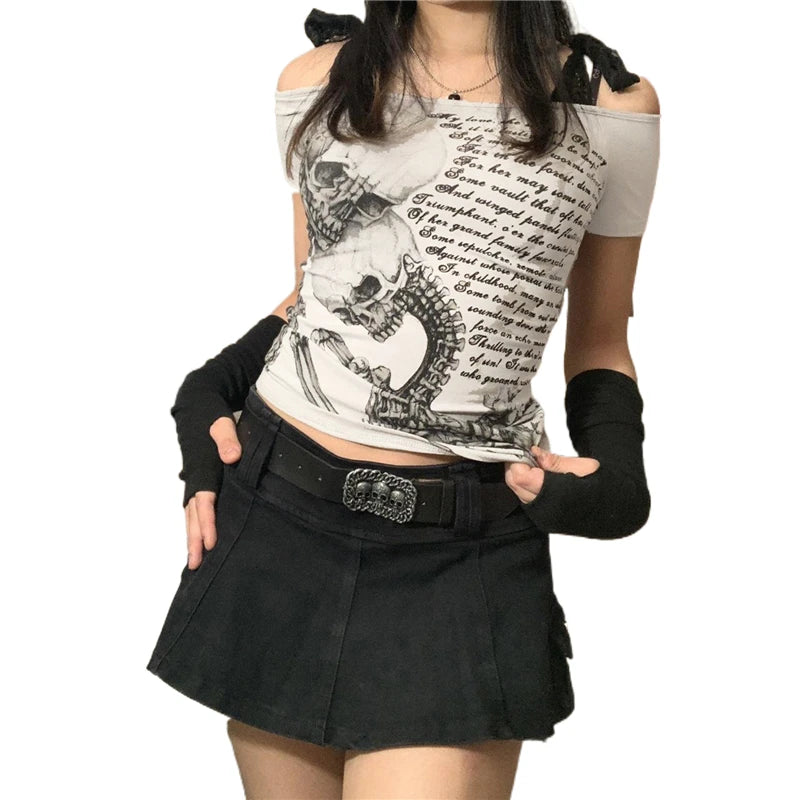 Goth Skull T Shirt 2000s Aesthetic Women Grunge Fairy Core Off Shoulder Short Sleeve Tops Graphic Tee y2k Streetwear