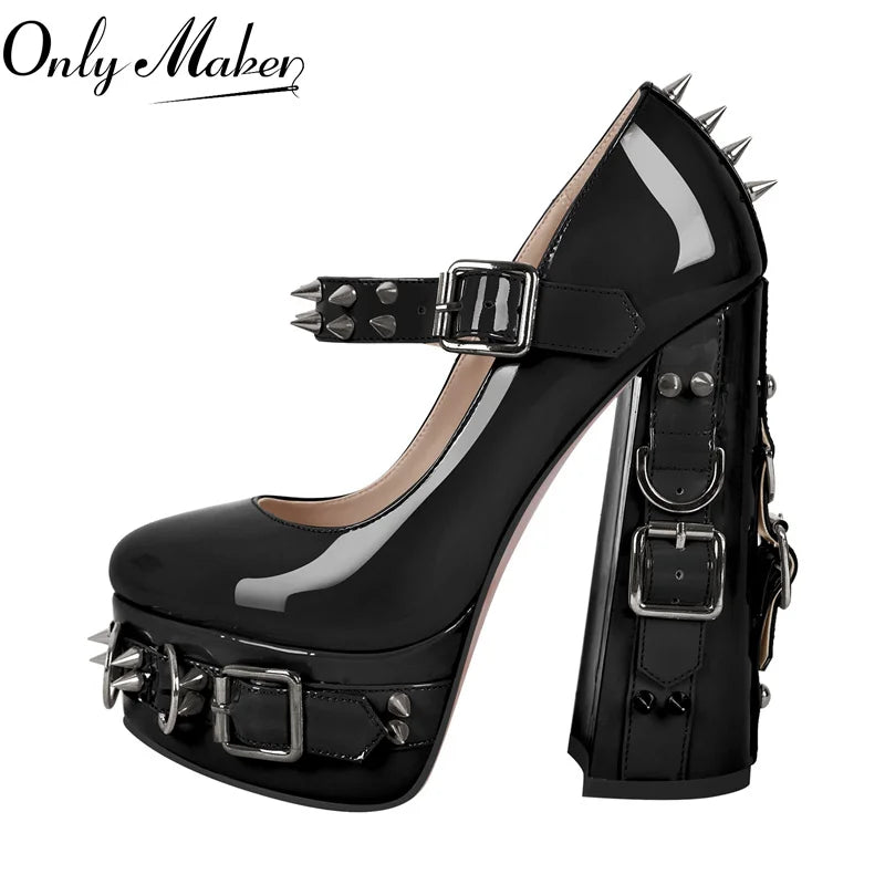 Onlymaker Women  Mary-Jane Platform Gothic Buckle Belt Ring Rivet Shinny Chunky High Heels Ankle Strap Heeled Punk Pumps