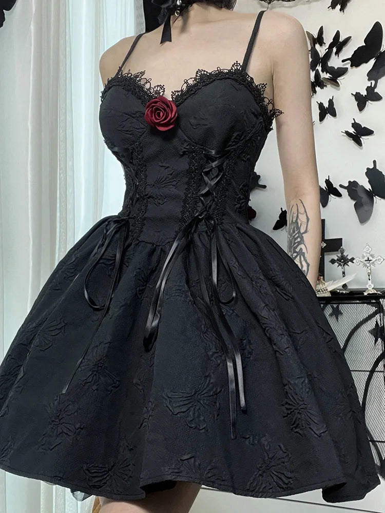 Goth Print Rose Dresses Lace Up A Line Y2K Fairy Grunge Sexy Backless Fashion V Neck Dark Academy Emo Summer Partywear