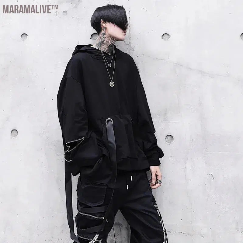 ARENS Black Men's Hoodies Goth Sweatshirt Hood Autumn Techwear Gothic Darkwear Hoodie Sweatshirts Streetwear Hip Hop Harajuku