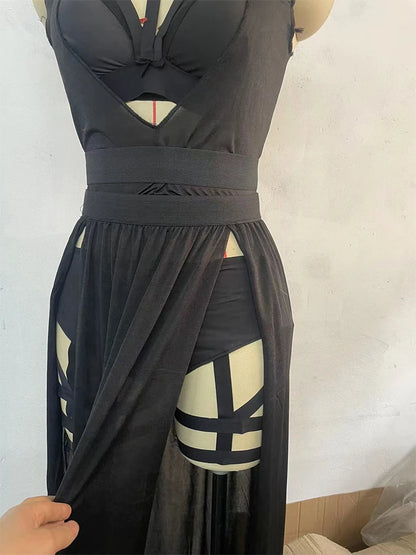 Gothic Club Sexy Summer Skirt Set Women Sleeveless Black Corset Crop Top Bandage Underpants Mesh Split Skirt 3pcs Sets