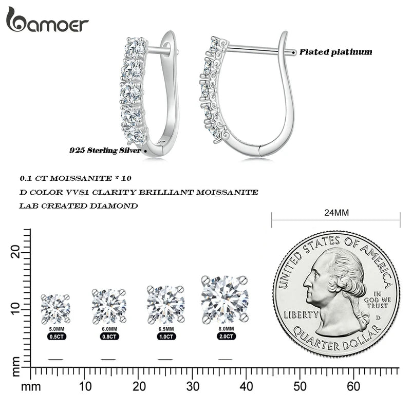Sterling silver moissanite hoop earrings showcased.