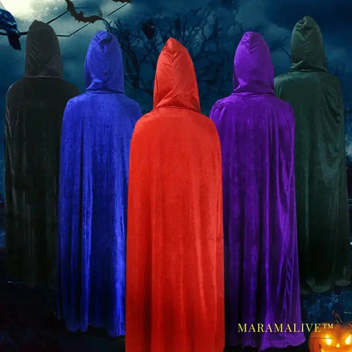 Adult Party Velvet Cloak Cape Hooded Medieval Costume Witch Vampire Cosplay Costumes Women Men Halloween Clothes Black 170cm