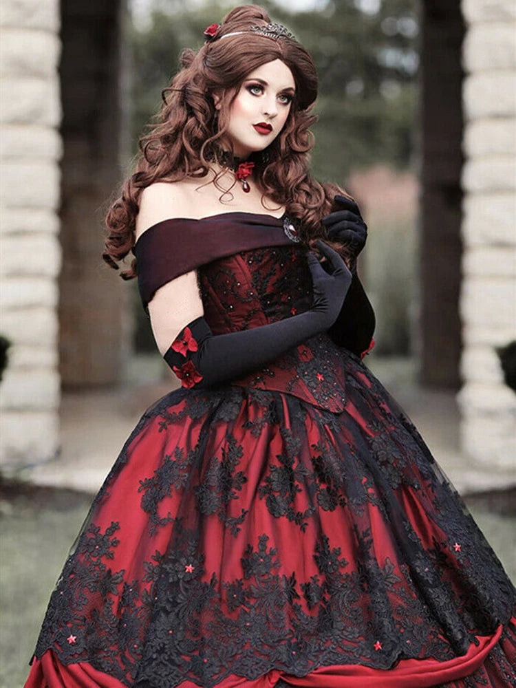 Medieval Rococo Vintage Red and Black Wedding Dress Lace Applique Lace-up Back Corset Top Gothic Victorian Masquerade Bride Gown
